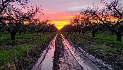 Fototapeta premium Vibrant Sunset over Orchard Path with Reflections on Wet Soil