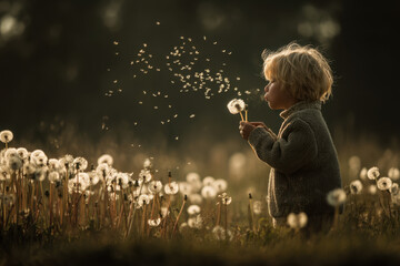 Little girl blowing a dandelion.