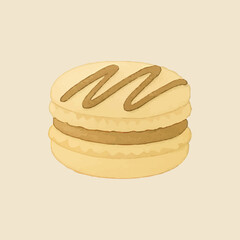 A yellow macaron with a brown drizzle decoration, filled with a creamy center, set on a green background, perfect for indulgent dessert illustrations and bakery graphics