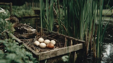 Obraz premium Duck and nest with eggs by the pond