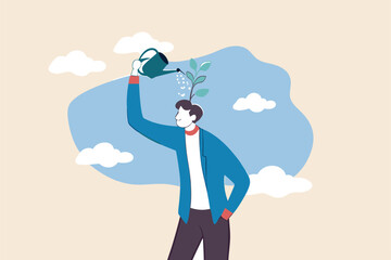Self improvement, growth mindset, positive attitude to learn new knowledge improvement for business problem concept, smart businessman learner using watering can to water growing seedling on his head.