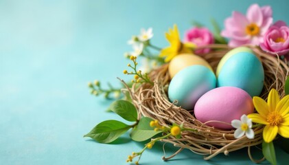 Vibrant pastel Easter eggs nestled in a spring flower arrangement , floral arrangement, spring celebration