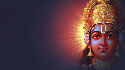 Digital rendering of a deity in gold crown, radiating light, soft blue skin
