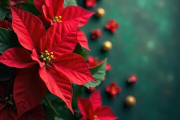 Vibrant red poinsettia blooms, classic Christmas decoration , bloom, botanical, yuletide
