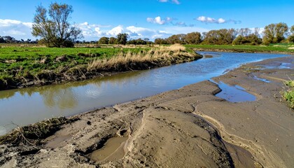 Serene Riverbank Landscape with Clear Blue Sky and Green Fields
