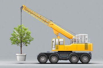 A flat vector design of construction vehicle and a single plant being lifted