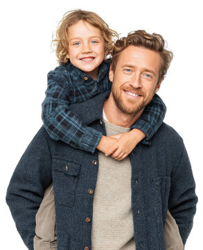 father giving his son a piggyback ride isolated on transparent background