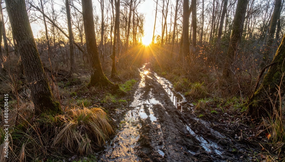 Poster sunset over a muddy path through a forest in early spring