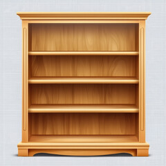 A detailed, rendered illustration of an empty wooden bookshelf