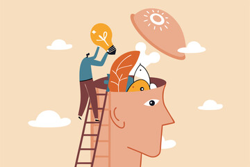 Upskill, learn new things or knowledge development for new skill and improve job qualification concept, man putting light bulb ideas, books and rocket booster into human head to upgrade working skill.