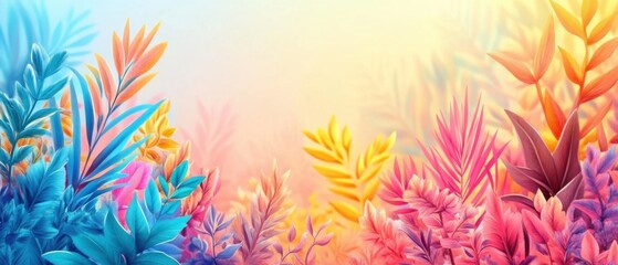 Vibrant Tropical Foliage Illustration in Pastel Hues, Artistic Botanical Background, Dreamy Exotic Plants, Soft Light, Creative Composition