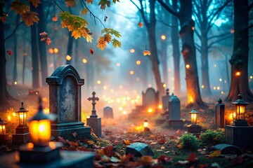 Obraz premium Spooky Halloween Graveyard in Dark Forest, Bokeh Lights, Mystical Atmosphere