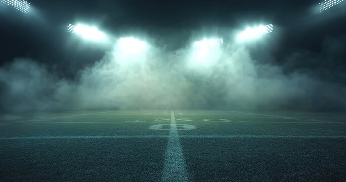 Illuminated Football Field with Fog