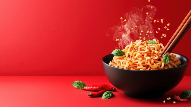 Korean buldak fire noodles with chili flakes and steam rising, ultimate spice level