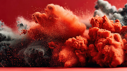 Explosive abstract composition, vibrant red and grey powder bursts on display