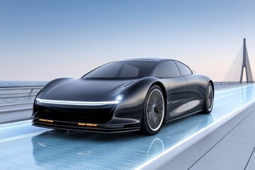 Obraz premium A luxury magnetic hovercar gliding above a crystal-clear road surface