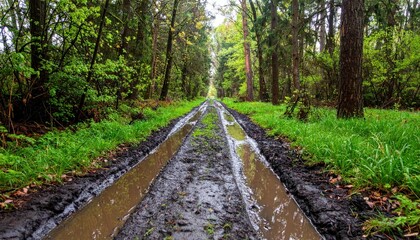 Fototapeta premium Muddy Trail Through Lush Green Forest After Rainfall and Wet Weather