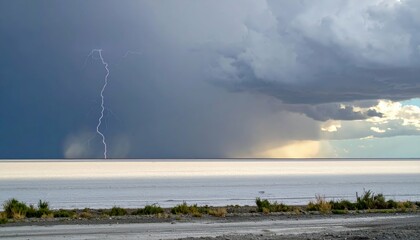 Dramatic Lightning Strike Over Calm Water Under Dark Storm Clouds