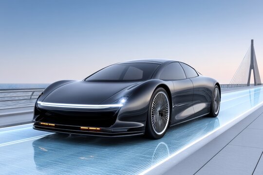 A luxury magnetic hovercar gliding above a crystal-clear road surface