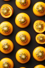 Obraz premium Passionfruit and mango mousse domes arranged in geometric pattern. Modern dessert presentation