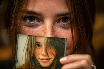 Woman holding photo of girl.