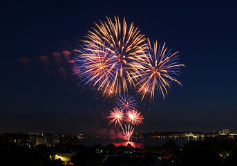 Spectacular Fireworks Display Over City Lights at Night Colorful Explosions