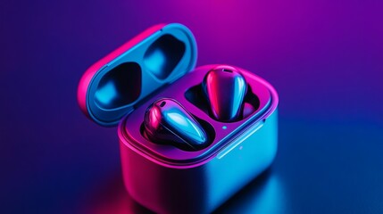 Wireless earbuds with charging case product photography in vibrant neon colors studio lighting style shot