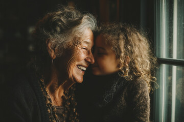 Woman and child looking out window attentively.