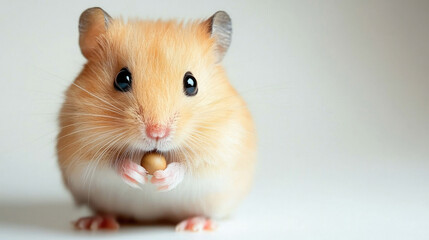 Adorable hamster clutches a small seed, focused, on a plain white backdrop