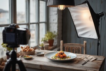 Studio food photography showcasing eggplant dish on rustic table near window with camera and lighting equipment