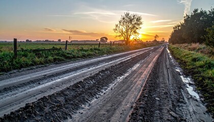Fototapeta premium Sunset Over Rural Road Surrounded by Nature and Green Fields