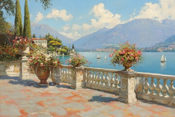 Fototapeta premium Lake Como Italy Impressionistic Painting of Terrace with Flowers and Mountains in Background on Sunny Day
