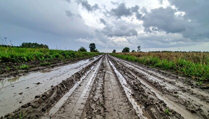 Obraz premium Muddy Rural Road with Grass and Clouds in a Gloomy Landscape