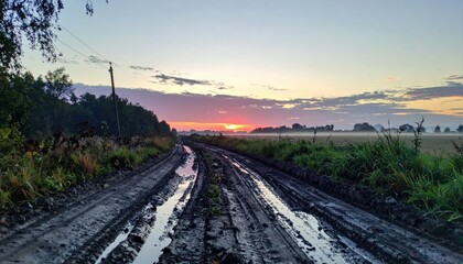 Fototapeta premium Serene Sunrise Over Muddy Pathway in Rural Landscape at Dusk