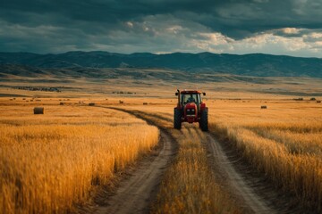 Fototapeta premium Red Tractor on Dirt Path through Golden Wheat Field with Hay Bales Under Dramatic Sky and Distant Hills