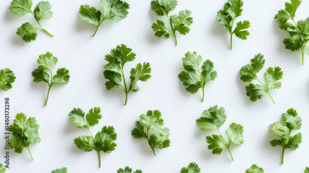Poster Flat lay of fresh cilantro sprigs arranged in a repeating pattern on a white background.