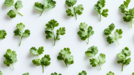 Flat lay of fresh cilantro sprigs arranged in a repeating pattern on a white background.