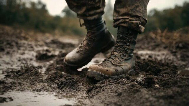 Sturdy Military Boots in Muddy Terrain During Overcast Day in Nature 4k video footage