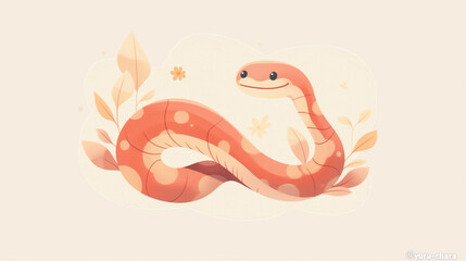 Adorable cartoon snake with orange skin, spots, and a smiling face, surrounded by leaves and flowers