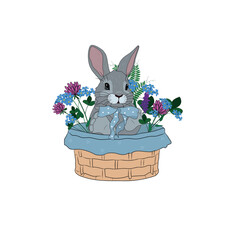 Vector illustration of a hare in a basket with flowers