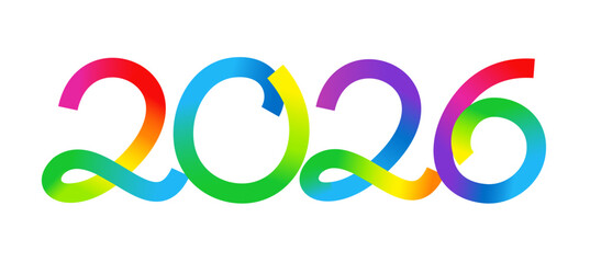 Abstract gradient lines in shape of 2026. New year number from rainbow colored ribbons. Modern design elements of 2026 year calendar or greeting card with rainbow gradient lines, vector illustration