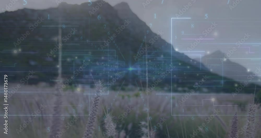 Poster holographic network overlay being displayed over meadow featuring glowing blue nodes and lines