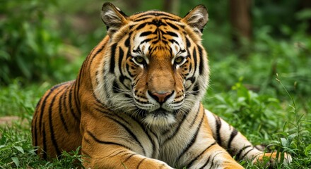 Bengal Tiger Resting in Lush Green Grass | Wildlife Portrait for Conservation and Animal Welfare Campaigns