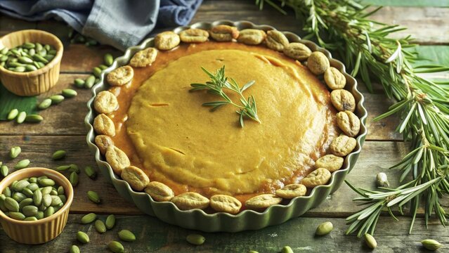 A Rustic Pumpkin Pie with a Rosemary Garnish, Baked to Perfection and Decorated with Toasted Pecan Pieces