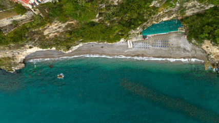 Aerial view of Vico Equense beach, located in Sorrento Coast, in the province of Naples, Campania,...