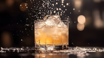 Splashing Refreshing Drink with Ice Cubes in a Glass