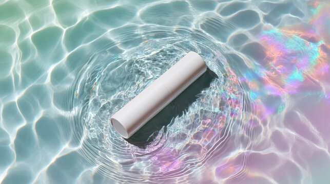 化粧品スティックが淡い虹色の水面に浮かぶ（美容・コスメ・UV・夏・スキンケア・日焼け止め）
