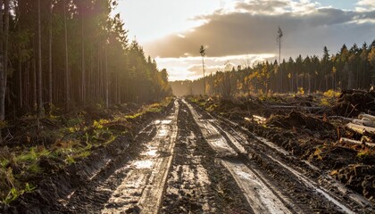 Fototapeta premium Muddy Road Through Forest Landscape at Dusk with Sunlight Glare