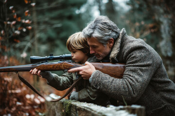 Man and boy examine rifle.