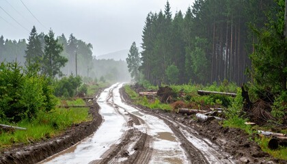Obraz premium Serene Forest Road with Wet Terrain Surrounded by Lush Greenery